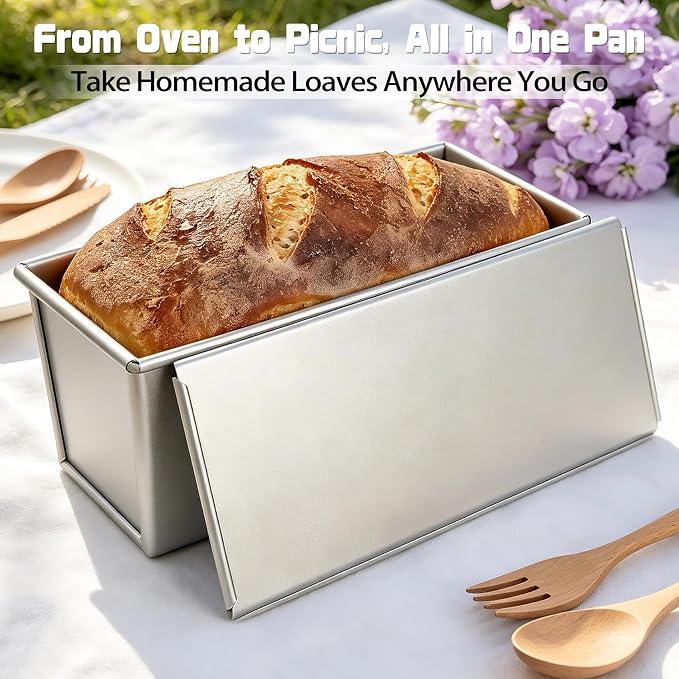 Pullman Loaf Pan with Lid 13x4 Uncoated Aluminized Steel for Sandwich Bread | Toast Box with Cover, Ideal for home bakers making sourdough loaves and daily homemade baking