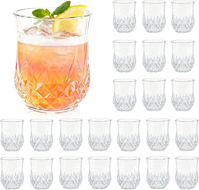 24 Pack Plastic Stemless Wine Glasses, 12oz Unbreakable Wine Cups | Reusable Fancy Vintage Drinking Glass Bulk for Cocktail, Whiskey, Juice, Elegant Decor for Wedding, Party & Holiday Events