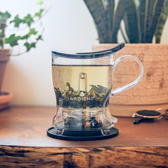 GROSCHE Aberdeen Smart Tea Maker BPA-Free Tea Infuser Black 17.7 oz (525ml) | Drip-Free Bottom Dispenser, Coaster, Easy Brewing, Simple Cleanup, Tritan Build, Loose-Leaf Steeping, Stylish Design