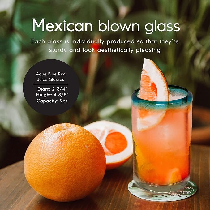 Aqua Blue Rim 9 oz Juice Glasses (set of 6) Mexican Handmade Glassware, Recycled Glass, Lead-free, Toxin-Free (Juice)