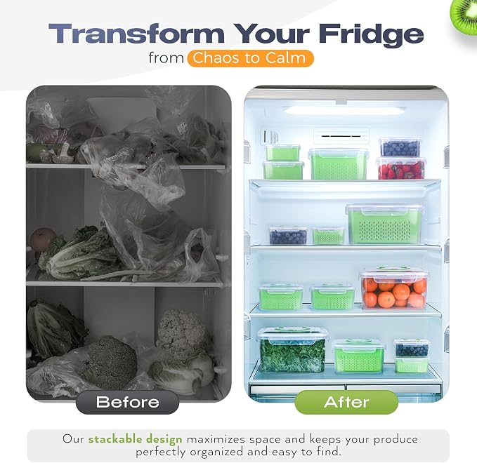 Fruit Storage Containers for Fridge - Set of 4 - Airtight Lid Keeps Fresh - For Fruit & Vegetable Storage - Space-Saving Design - Ideal for Produce, Berries, Snacks - Green