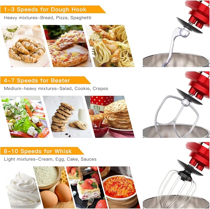 Garvee 7.5 QT Stand Food Mixer, 10-Speed Tilt Head 3 in-1 Kitchen Electric Mixer with Stainless Steel Bowl, Egg Whisk, Dough Hook, Beater, Splash Guard, Compact Dough Mixer for Home Cooks, Red