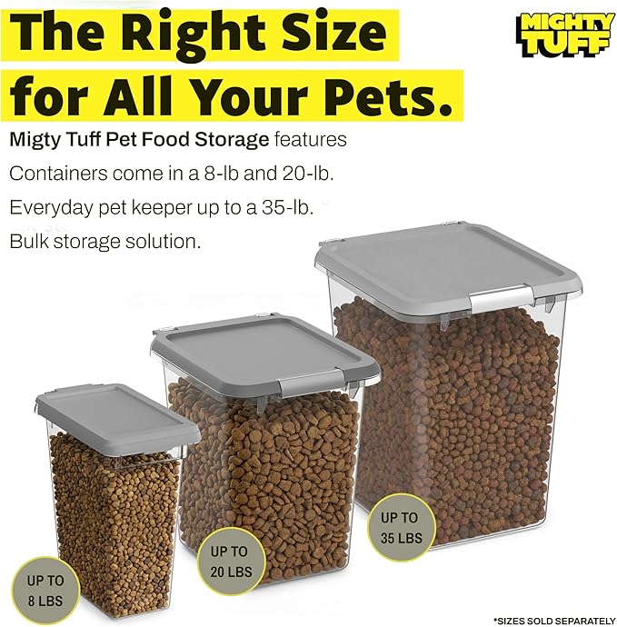 Mighty Tuff 8 lb Pet Food Storage Container with Airtight Lid, Clear | Secure lid clasp helps keep dog and cat food fresh while the clear container simplifies pantry organization.