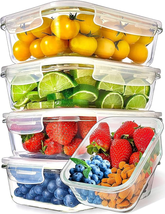 Prep Naturals 5 Pack 36oz Glass Meal Prep Containers - 1 Compartment | Square Borosilicate Glass Meal Prep Containers - Airtight Leak-Resistant Lids, Microwave, Oven & Freezer Safe (5-Pack, 36 oz)