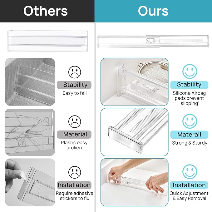 Vtopmart 2.36" Short Upgrade Drawer Dividers 12.8"-22.3" Expandable 12 Pack | Adjustable Kitchen Drawer Organizer, Clear Plastic Separator for Flatware, Utensils, Cutlery, Underwear Storage, Space Saving