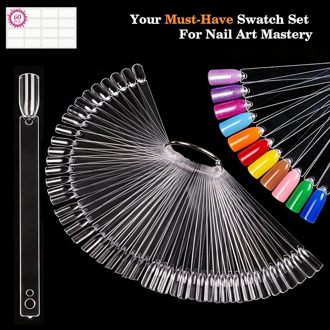 PEACECOLOR 50 Pcs Nail Swatch Sticks with Ring, Nail Color Swatches Display Kit with 60 Blank Number Sticker & Protective Container Box - Clear Fan-Shaped Swatch for Nail Art Practice Home and Salon