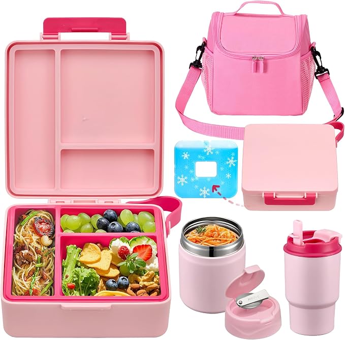 Bento Lunch Box for Kids with 17oz Soup Thermo,Insulated Tumbler Water Bottle and Insulated Lunch Bag,Leak-Proof 3 Compartment Lunch Food Container with Ice Pack for Kids to School-Pink