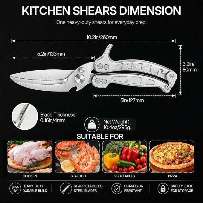 Kitchen Scissors All Purpose Heavy Duty, Stainless Steel Heavy Duty Kitchen Shears for Bone, Poultry, Chicken, Vegetable, Meat & Seafood Cooking Food Scissors With Safety Spring Lock