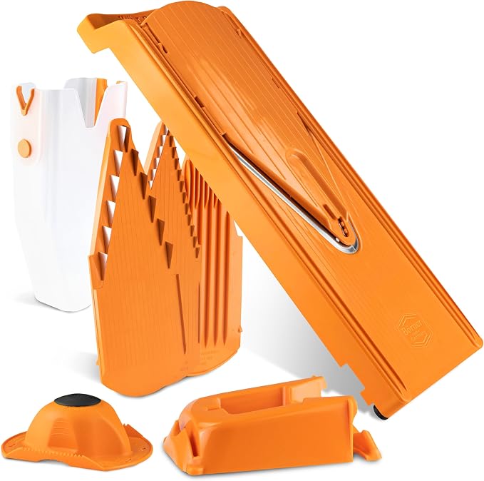 Mandoline Food Slicer Börner V3 (Profi Set) by Reston Lloyd • V-Slicer with 4 Inserts, Docking Station & Food Holder • Made in Germany • Fruit & Vegetable Chopper • Multiple Settings • Color: Orange