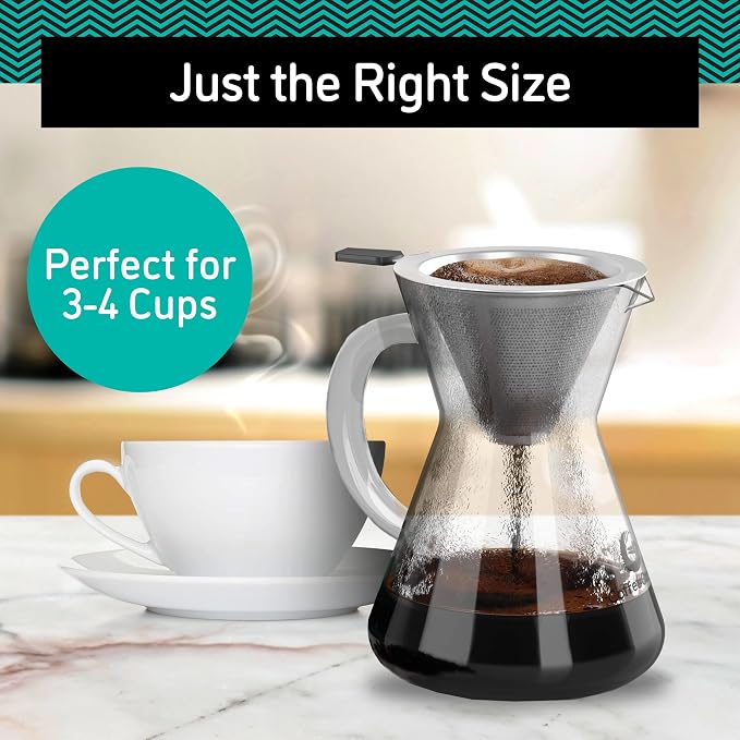 Coffee Gator Pour Over Coffee Maker - 14oz High Heat Borosilicate Glass with Reusable Stainless Steel Filter, Drip Coffee Brewer Pourover Dripper Set Carafe, 400ml Clear