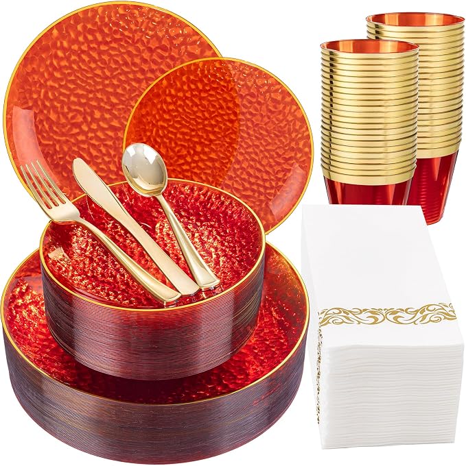 DaYammi 175PCS Clear Red Plastic Dinnerware Set, Hammered Disposable Plates for Mother's Day Party, Include: 25 Dinner Plates 25 Dessert Plates 75 Gold Silverware 25 Napkins 25 Cups for Wedding