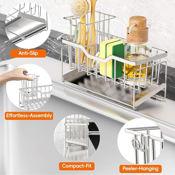 StorageRight Sponge Holder for Kitchen Sink, Sink Caddy Organizer, Silver | Rustproof Kitchen Sink Organizers with High Brush Holder & Self Drain Tray, Anti-Slip Kitchen Countertop Storage Essentials
