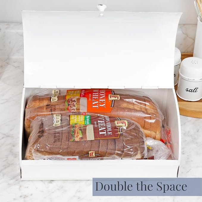 AuldHome Design Rustic White Bread Box; Farmhouse Vintage Enamelware Countertop Bread Bin