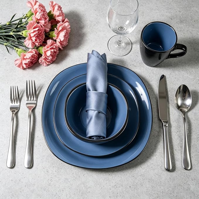 HomeVss, Stoneware Square 16pc Dinnerware Set, Inside Shiny Blue + Outside Matte Black