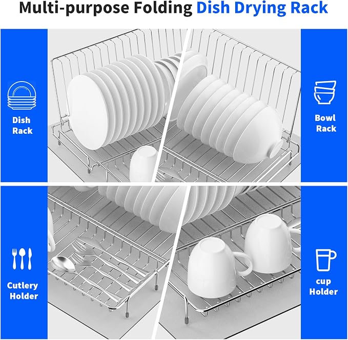 Small Dish Drying Rack Stainless Steel Collapsible | Foldable Rack Countertop with Drying Mat for Kitchen Dorm RV Campers Travel Trailer Space Saving