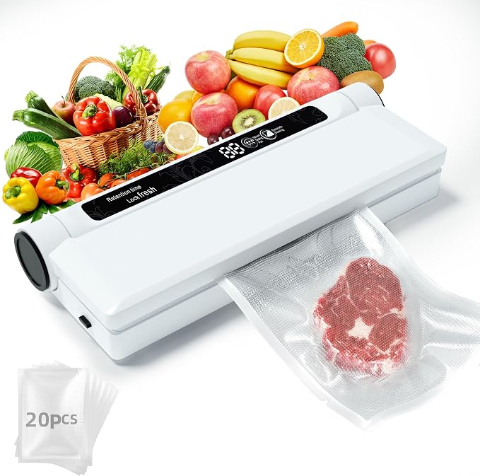Compact Vacuum Sealer for Food, 75Kpa Food Sealer Machine | 75 Kpa Strong Suction, LED Display, Dual Use for Dry & Wet Foods, with 20 Bags, Ideal for Home Kitchen, White