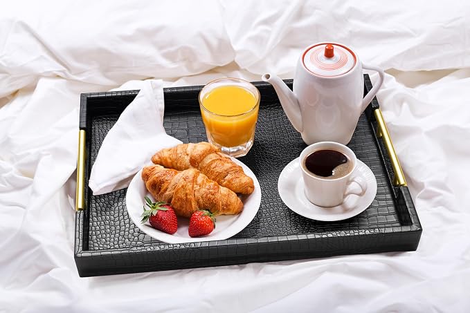 ATZYmolin 17"x12" Leather Serving Tray, Gold Handle Vanity Platter, Black | Rectangle Ottoman Decor Tray, Polished Metal Handles, Coffee Table Bathroom Home Decorative Wood Tray