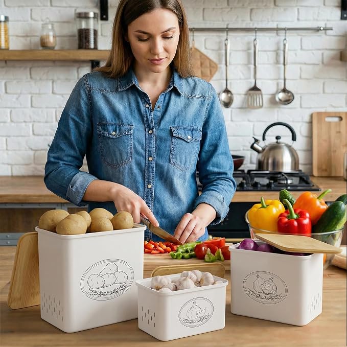Lifewit Plastic Potato and Onion Storage Bin Box, Set of 3, White | Stackable Garlic Keeper, Vegetable Container Box, Aerating Holes & Lid for Pantry Countertop