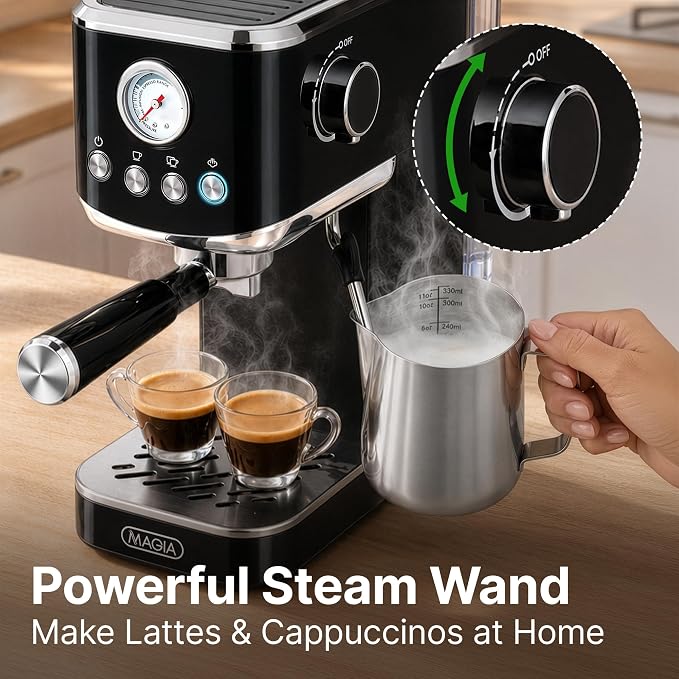 Zulay Kitchen Magia Compact Espresso Machine – 20 Bar Coffee Maker with Milk Frother Steam Wand, Latte & Cappuccino Maker, 1350W Fast Heating, 40oz Removable Water Tank, Stainless Steel – Black