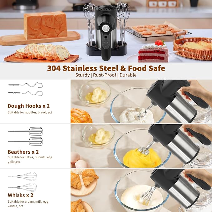 binROC Cordless Electric Hand Mixer, 7-Speed with Storage Base, Black | Rechargeable, Eject Button, Long Battery, Quiet Anti-Splash, 6×304 Stainless Attachments, Self-Stand for Cake, Dough Baking