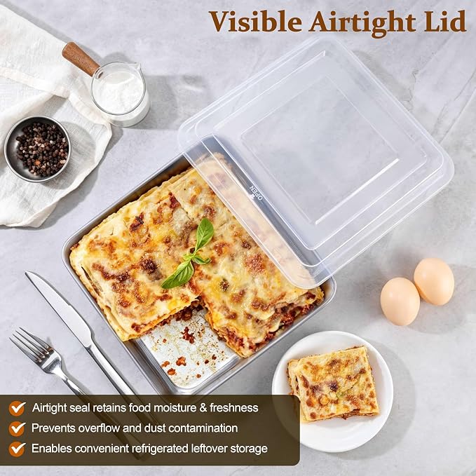 LIANYU 9 Inch Baking Pan Set with Lid, Square Cake Pan for Lasagna Brownie | Stainless Steel Commercial Deep Baking Dish Set, Oven & Dishwasher Safe Sheet Bakeware (1 Pan +1 Lid )