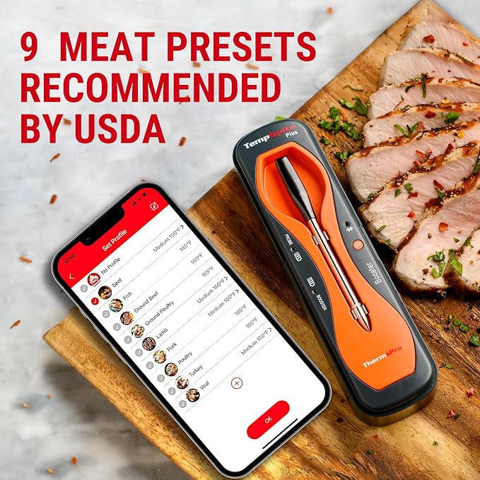 ThermoPro 600FT Wireless Meat Thermometer with Upgraded Ultra-Thin Probe, Bluetooth Meat Thermometer Wireless for Outside Grill, Smoker Thermometer for BBQ Oven Rotisserie Sous Vide (TP970)