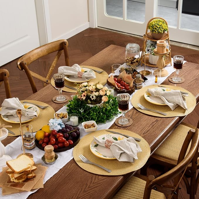 AHHFSMEI Round Placemats Set of 6 Heat Resistant Washable Non-Slip Woven Braided Table Mats for Dining Table Kitchen & Home Decor (Wheat Yellow)