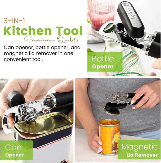 Spring Chef Stainless Steel Manual Can Opener with Soft Grip Handles, Black | Heavy Duty Hand Can Opener for Seniors with Smooth Edge, Easy Turn, 3in1 Can Opener with Magnetic Lid Remover & Bottle Opener