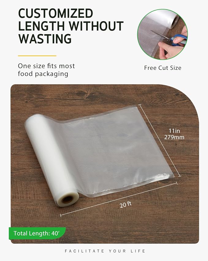 Syntus 2 Rolls 11" x 20' Vacuum Sealer Bags, BPA Free for Food Storage | 4mil Thick, Custom Length, Keep Food Fresh Longer, Freezer Microwave Sous Vide Cooking, Works with Most Vacuum Sealers