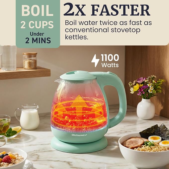 Elite Gourmet 1L Glass Electric Water Kettle, BPA-Free Fast Boil, Mint | Auto Shut-Off, Boil-Dry Protection, 360° Swivel Base Cordless Serving, Clear-View Water Level Markings