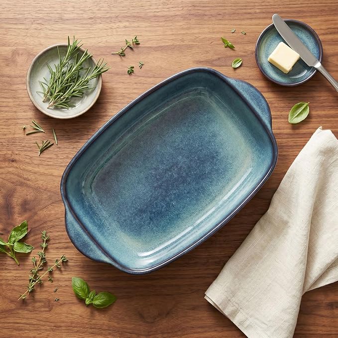 15.5 x 9.8-inch rectangular baking pan, 3.7-quart ceramic baking pan with handle, suitable for roasting vegetables/meats, lasagna, kitchen, and dining room.