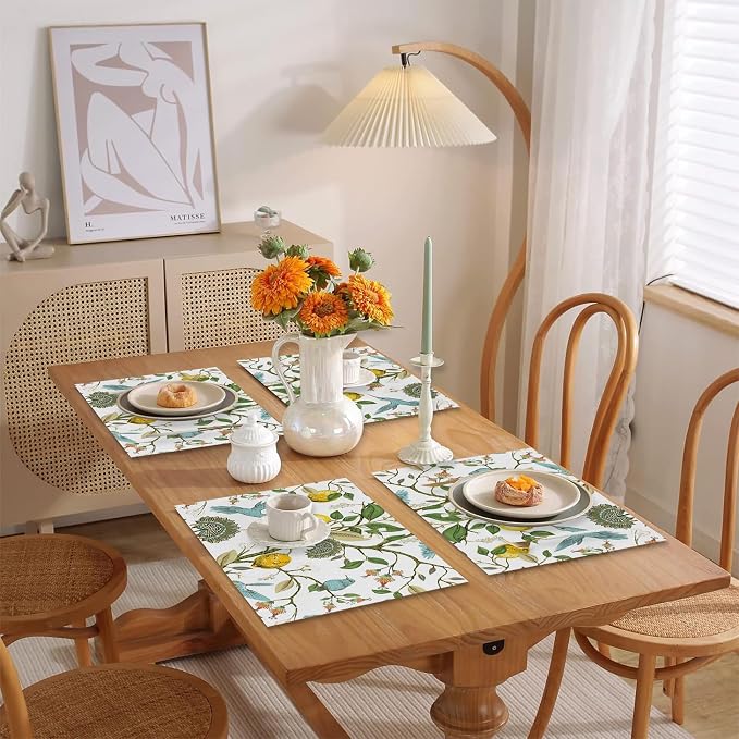 Lemon Tree Blue Bird Flower Placemats Set of 4 Seasonal Washable Linen Cotton Table Mats for Party Kitchen Dining Decoration 12x18 Inch