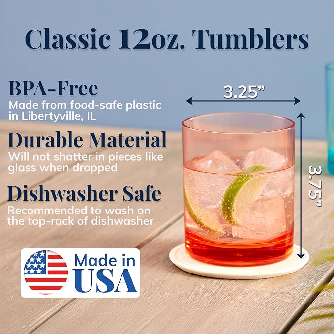 US Acrylic Classic Plastic Reusable Drinking Glasses (Set of 6) 12oz Rocks Cups Assorted Colors | BPA-Free Tumblers, Made in USA | Top-Rack Dishwasher Safe