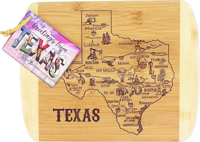 Totally Bamboo A Slice of Life Texas Engraved Map Cutting Board | 11” x 8.75” charcuterie board with engraved state map artwork. Smooth reverse side for food prep. Hang tie for wall display.