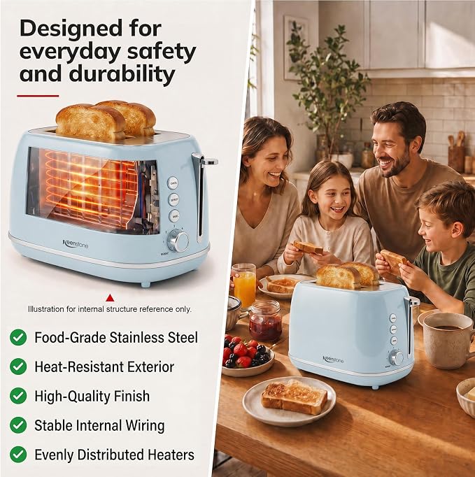 Retro 2 Slice Stainless Steel Toaster with 6 Bread Shade Settings, Bagel, Cancel, Defrost Function, Extra Wide Slot, Removable Crumb Tray, Blue