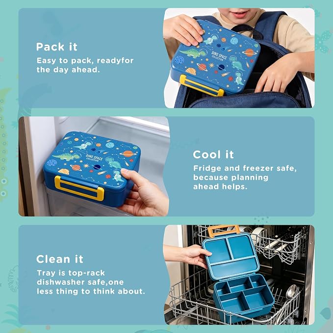 Kids Lunch Bento Box with 8oz Thermo/Ice Pack, BPA-Free, for School | Leak-proof Food Containers with 5 Compartment, Insulated Food Jar, Dishwasher Safe, Easy to Clean, Lunch Box for Girls Boys