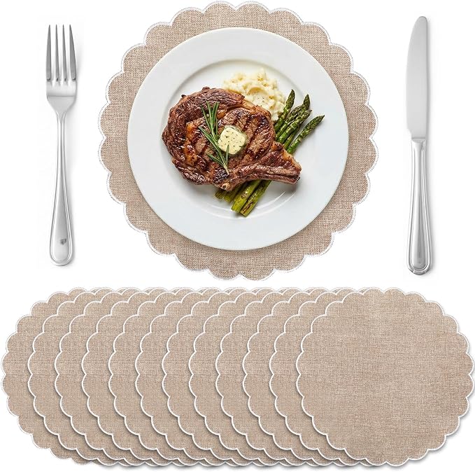 Set of 12 Linen Boho Cotton Placemats 15" Round Scalloped White | Double Layered Cotton Fabric, Washable Embroidery, White Edge Edge, Rustic Table Mats for Wedding Dining Table Decor