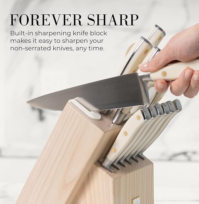 Styled Settings White Knife Set with Block and Sharpener, 14-Piece | Ultra-Sharp High Carbon Stainless Steel Knives with Gold Triple Rivet White Handles and Ashwood Knife Block
