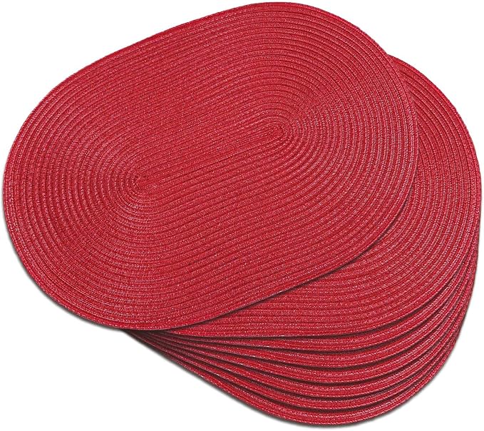 Placemats Set of 8, Woven Oval Braided Dining Table Mats(Red) | 12 x 17.5 Inch Size Fits Plates and Flatware; Hand Washable and Heat Resistant for Kitchen Use, with Farmhouse and Boho Style