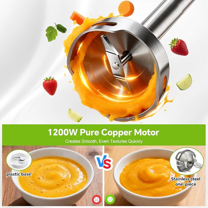 1200W Immersion Blender Handheld, 5-in-1 Variable Speed | Hand Blender Stick with Whisk Chopper Milk Frother Mixing Cup and Storage Rack for Kitchen Soup, Purees and Smoothies
