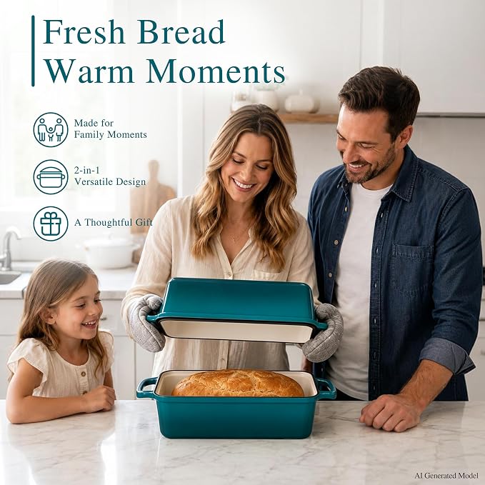 11x5 Inch Cast Iron Loaf Pan with Lid, Sourdough Bread Baking | Large Loaf Pans for Baking Bread, Even Heat Distribution Dutch Oven Bread Pan for Homemade Bread, Meatloaf (5.8Qt, Teal)