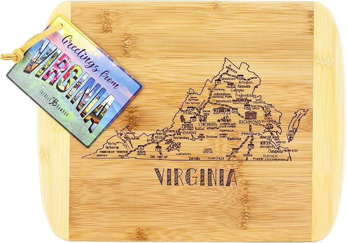 Totally Bamboo A Slice of Life Virginia Engraved Map Cutting Board | 11” x 8.75” charcuterie board with engraved state map artwork. Smooth reverse side for food prep. Hang tie for wall display.