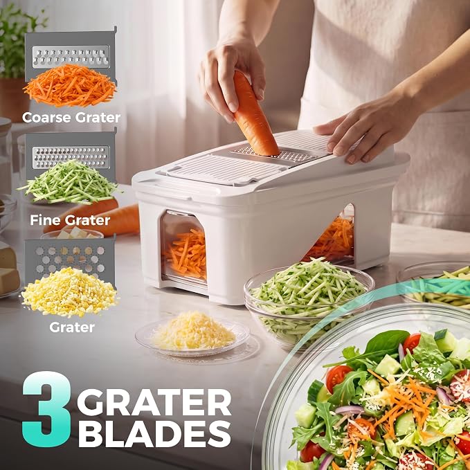 HAUSHOF All-in-1 Vegetable Chopper and Mandoline Slicer,13 Blades | Veggie Chopper and Spiralizer for Kitchen ,Dicer and Grater, Kitchen Prep Tool with Slide-Out Tray Container & Safety Holder