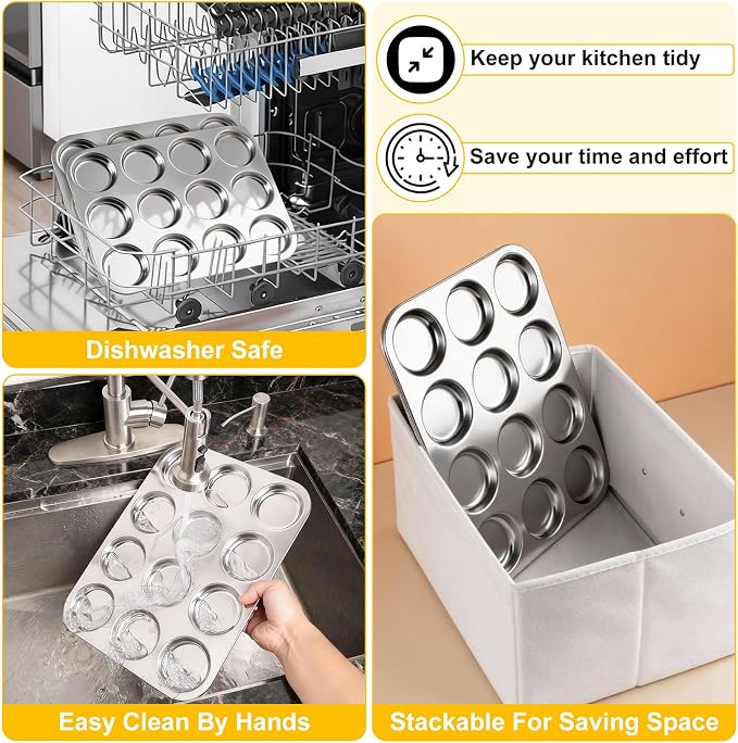 P&P CHEF 12-Cup Muffin Top Pan, Cupcake Pan with Shallow Side, 2PC & Silver | Stainless Steel Muffin Pan Cupcake Tin for Whoopie, Yorkshire Pudding, Egg Bite, Cupcake, Non-toxic & Easy Clean