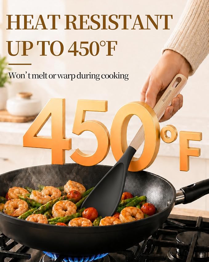 Astercook Cooking Spoon, 2 Pack, Nonstick Safe Silicone Spatula | Long Wooden Handles, Heat Resistant, BPA-Free, Built-in Spoon Rest, Spatula Spoon For Stirring, Scooping, Scraping & Serving