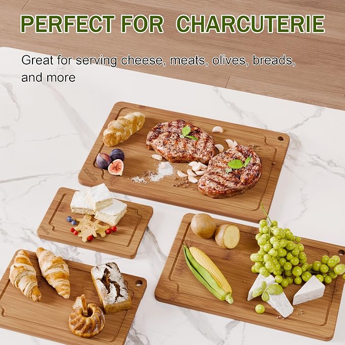 4-Piece Bamboo Cutting Board Set Serving Tray Juice GroovesHandles | Ideal for Meat Vegetables Fruit,Easy Storage & Quick Clean,Natural Wood Construction,Dual-Purpose as Serving Tray
