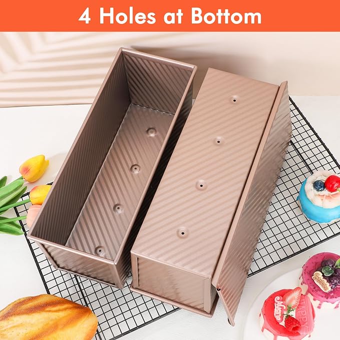 Beasea Pullman Loaf Pan with Lid, 2 Pack 2 lb Large Bread Loaf Pans 12x4inch Nonstick Carbon Steel Toast Box with Dough Scraper Set for Homemade Bread Sandwich Oven Baking - Rose Gold