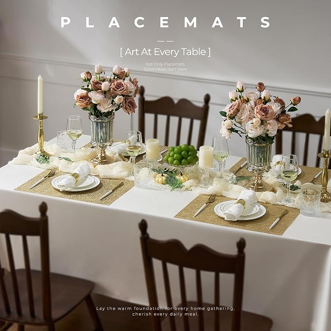 Leetaltree Gold Placemats Set of 8 - Heat Resistant Non-Slip Place mats for Dining Table, Washable Durable PVC Vinyl Woven Table Mats(Luxury Gold, 8)
