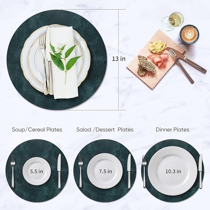 ADRIMER Placemats, Heat Resistant Round Placemats Set of 6 Washable, Waterproof Table Mats, Wipeable Faux Leather Place Mats for Kitchen, Dining Room, Dark Blue