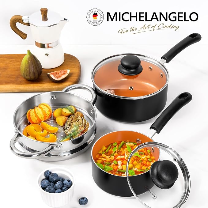 MICHELANGELO Nonstick Sauce Pan with Lid, 1QT & 2QT Ceramic Saucepan Set with Steamer, Small Copper Saucepans Set, Multipurpose Sauce Pots for Cooking, PFAS-FREE, Dishwasher Safe